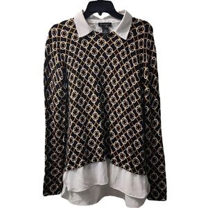 Investments Geometric Print‎ Blouse White Collar Long Sleeve Top Size M